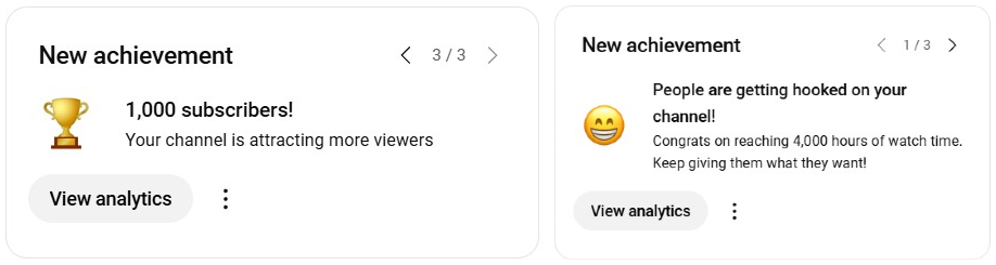 Achievement badges on YouTube Studio for 1,000 subscribers and 4,000 watch hours.