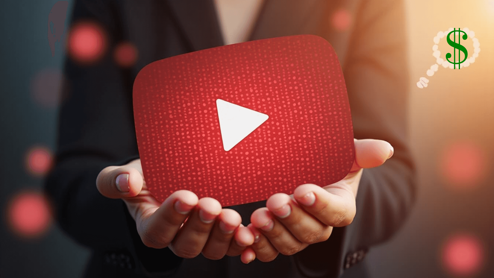 The creator holds the YouTube logo and thinks about YouTube monetization rules.