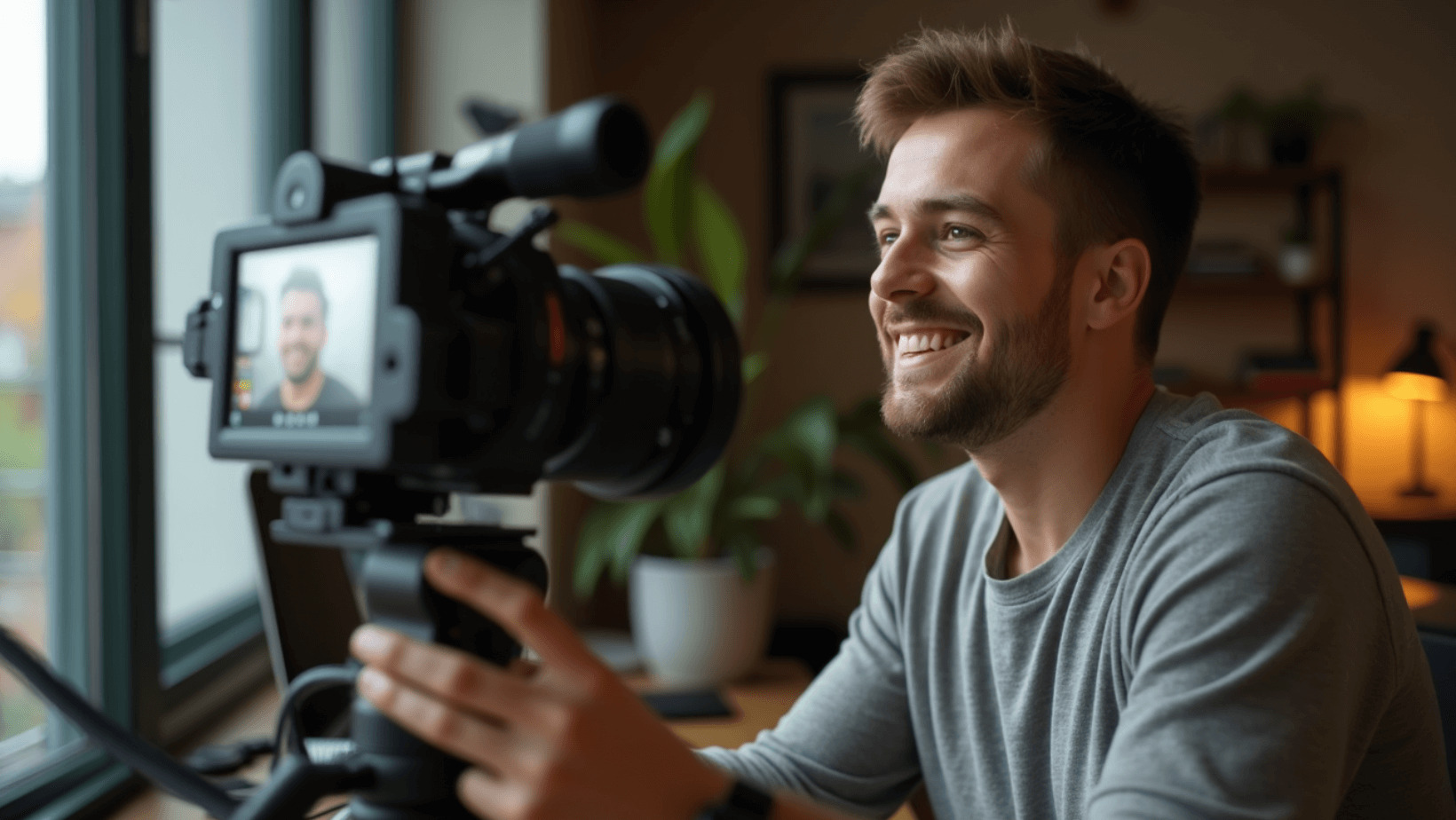 YouTube creator films himself on camera for YouTube multilingual videos.